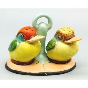 Vintage Germany Salt and Pepper Shakers Bird Set with Holder Yellow Green